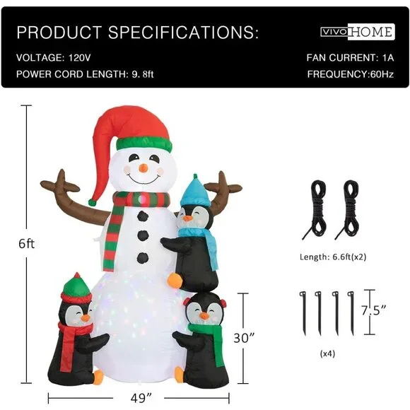 🆕6FT Christmas Inflatable Snowman with PenguinLED Lights Outdoor Decoration